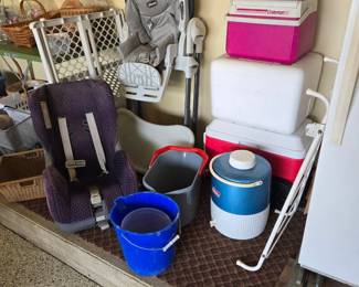 Coleman and Playmate Coolers & Beverage/Water Jug; Chicco Infant Toddler Chair; Child's Car Seat; Baby Gate; Buckets and more
