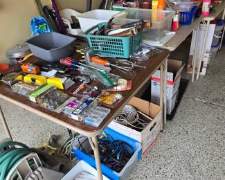 Hose on Reel, Sprinklers, Electronic Cords, Extension Cords, Gloves, Loads of Small & Medium Hand Tools & Accessories