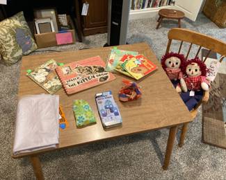 Vintage Child's Table & Chair; Raggedy Ann & Andy Dolls; Vintage Books and more