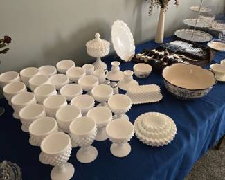 Fenton Hobnail Milk Glass Goblets, Custards, Nesting Bowls, Butter Dish, Candlestick Holders, Lidded Candy Dish, Salt & Pepper and much more