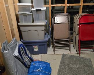 Plastic Totes, Rugs, Folding Chairs and Card Tables, Tarps