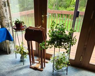 Metal Plant Stands; Silk Florals; Pair of Wood TV Trays on Stand