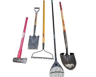 Lot #120 - Set of Five Garden Tools Including Shovels, Rakes, and Mattock with Wooden Handles