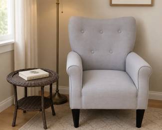Lot #68 - Mid Century Modern Wingback Arm Chair, High Back Accent Chair, Gray, Plus Brown Wicker Rattan Patio Side Table