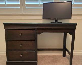 Lot #65 - Stanley Furniture Young America Dark Wood Writing Desk w/ Three Drawers and Pull-Out Shelf, Plus Acer Computer Monitor