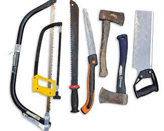 Lot #121 - Mixed Hand Saw and Axe Set Including Bow Saw, Hacksaw, Pruning Saw, Hand Saw, Hatchets