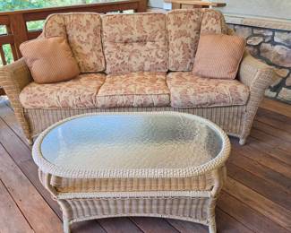 Lot #71 - Classic Tan Wicker Patio Set - Patio Sofa & Coffee Table - Outdoor Living