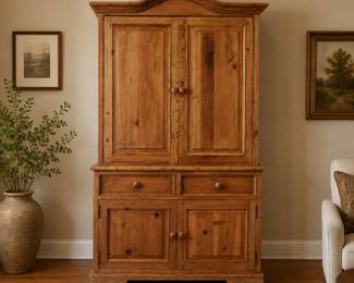 Lot #32 - Rustic Pine Wood Armoire Cabinet with Double Doors and Drawers