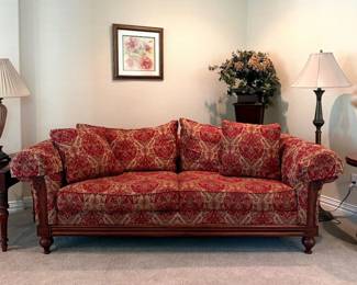 Lot #13 - Ethan Allen Traditional Rolled Arm Sofa with Carved Wood Frame and Red Damask Upholstery Down Filled