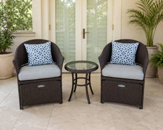 Lot #69 - Garden Treasures South Point 5-Piece Patio Conversation Set - Patio Chairs With Small Stools, Side Table