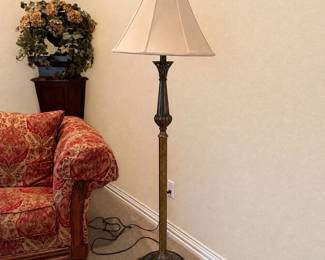 Lot #15 -Stiffel Ellie Floor Lamp Oxidized Bronze Scrolling Filigree Acanthus Leaf Relief Accents & Fabric Shade