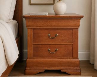Lot #55 - Louis Philippe Style Wooden 2-Drawer Nightstand w/ Brass-Tone Drop-Ring Hardware