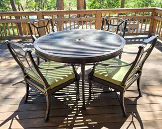 Lot #72 - Restoration Hardware Antibes All Weather Round Dining Table & Armchairs - Patio Dining Set - w/ Table Cover