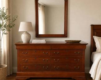 Lot #56 - Louis Philippe Style Dark Cherry Wood 8-Drawer Double Dresser w/ Brass Bail Pulls + Matching Rounded Corner Mirror