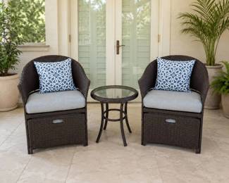 Lot #69 - Garden Treasures South Point 5-Piece Patio Conversation Set - Patio Chairs With Small Stools, Side Table