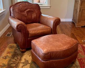 Lot #37 - Ethan Allen Tan Leather Club Chair with Matching Ottoman Classic Rolled Arm Style