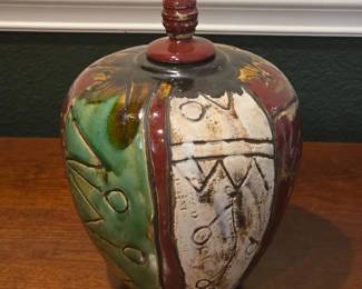 Lot #21 - Large Pottery Glazed Vase Lidded Ginger Jar with Primitive Abstract Relief Design