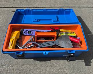 Lot #126 - Mixed Hand Tool Set with Plastic Storage Box Including Screwdrivers, Hammer, Pliers, Level, and More