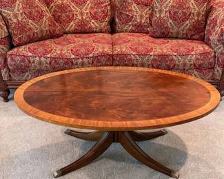Lot #12 - Ethan Allen Thornton Oval Mahogany Pearwood Maple Inlay Pedestal Coffee Table with Brass Foot Caps