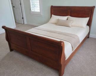 Lot #54 - Queen Wood Sleigh Bed Frame Traditional Classic Curved Scroll Headboard Footboard