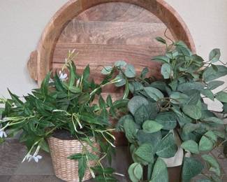 Lot #38 - Wooden Serving Tray with Side Handles, Crate & Barrel Pottery Planter Pot with Faux Greenery + Faux Plant in Basket