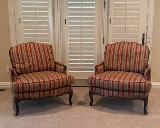 Lot #7 - Pair of Ethan Allen Upholstered French Bergère Louis XVI Style Armchairs with Striped Fabric and Wood Carved Legs
