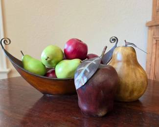 Lot #40 - Boat-Shaped Metal Decorative Bowl With Scroll Handles, Plus Wooden Fruit