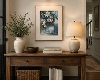 staged floral artwork 2ftLot #97 - Framed Floral Original Watercolor Painting White Flowers in Vase Contemporary Wall Art