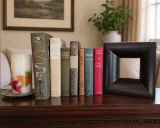 Lot #41 - Collection of Vintage & Antique Books w/ Fall Pillar Candle and Square Mirror