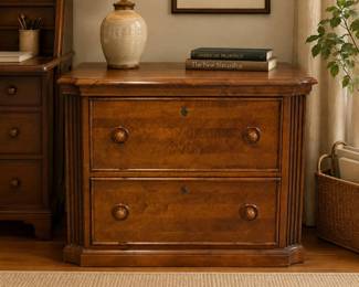 Lot #26 - Stanley Furniture Two-Drawer Wood Lateral Filing Cabinet with Rounded Corners and Fluted Side Trim