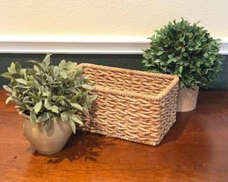 Lot #24 - Woven Storage Basket w/ Artificial Greenery in Ceramic Planters