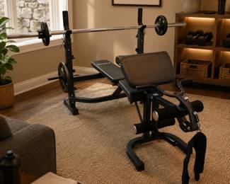 staged home gymLot #92 - Body Flex Sports Body Champ Adjustable Olympic Freestanding Weight Bench with Barbell and Weight Plates