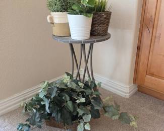 Lot #96 - Artificial Greenery in Various Woven Baskets & Ceramic Pots, Plus Stone/Slate Top Plant Stand Patio Side Table