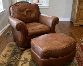 Lot #37 - Ethan Allen Tan Leather Club Chair with Matching Ottoman Classic Rolled Arm Style