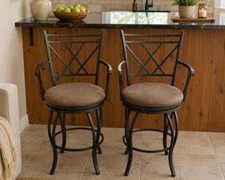 Lot #84 - Pair of Metal Swivel Bar Stools w/ Brown Upholstered Cushions and X-Back Design with Arms