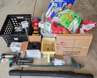 Lot #125 - Yard & Gardening Supplies - Rotor Sprinklers, Moisture Meters, Weed Stop, Fertilizer, Manual Aerator & More