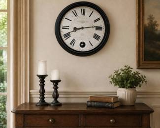 Lot #29 - Picard Foucault & Co. Wall Clock with Pendulum and Roman Numerals Plus Two Wooden Pillar Candle Holders