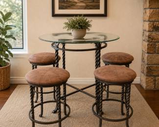 Lot #86 - Ashley Furniture Rafferty 5-Piece Round Glass Top Pub Table Bistro Set Twisted Metal Legs Upholstered Stools