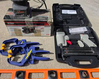 Lot #127 - SKIL Belt Sander 7313 with Pneumatic Brad Nailer, Irwin Quick-Grip Clamps, and Orange Level