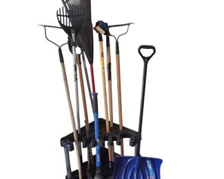 Lot #128 - Garden Tools with Black Storage Rack - Pick Mattock, Snow Shovel, Lawn Edger, Rakes, Broom & More