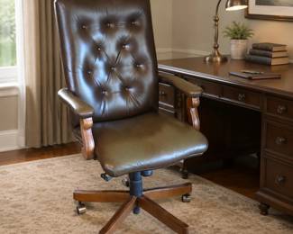Lot #28 - Stanley Furniture Co Tufted Brown Imitation Leather Office Chair with Wooden Base and Casters