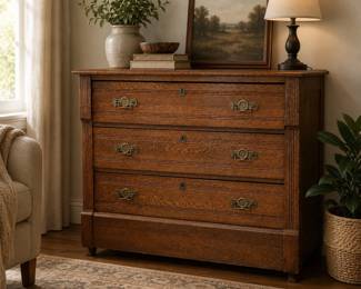 staged antique dresserLot #95 - Antique Victorian Eastlake Oak Three-Drawer Dresser with Decorative Brass Hardware