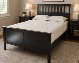Lot #64 - Ikea Hemnes Solid Pine Black-Brown Slat Panel Bed Frame with Footboard and Headboard