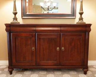 Lot #1 - Ethan Allen British Colonial Carved Maple Sideboard Buffet Cabinet with Brass Ring Pulls