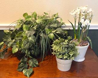 Lot #25 - Artificial Greenery in Basket + Threshold Artificial Narcissus Plant in White Ceramic Planter + Ikea Faux Plant in Pot