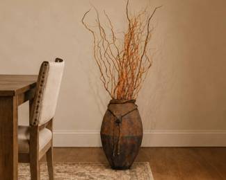 Lot #30 - Decorative Large Rustic Amphora-Style Distressed Metal Floor Vase with Rope Detail and Natural Branch Accents