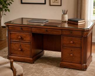 Lot #27 - Stanley Furniture Wood Executive Desk with Glass Top and Locking File Cabinet