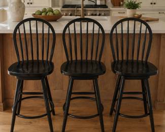 Lot #49 - Set of Three Black Wooden Windsor Style Swivel Bar Stools with Spindle Backs