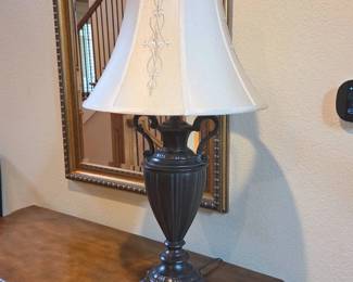 Lot #44 - Traditional Urn Style Table Lamp with Embroidered Fabric Shade and Ornate Base