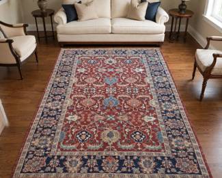 Lot #52 - Traditional Handmade Persian-Style Floral Area Rug in Red, Navy and Blue